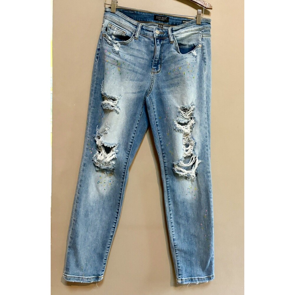 Judy Blue Jeans Womens Size 9 Denim Paint Splash Distressed Ripped Boyfriend Fit